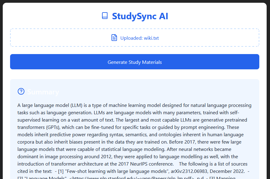 The headings suffer from low contrast, and the page is not centered. But I can upload a text file, have the backend analyze it, and create a nice summary.