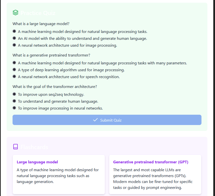 Scrolling down a bit, we have the quiz and the flashcards as well.