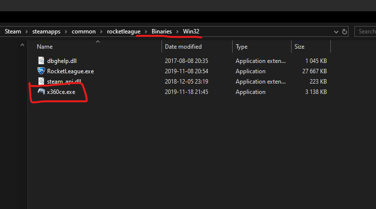 Copy the x360ce.exe file that we just downloaded into the same directory as RocketLeague.exe.