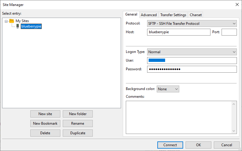 Connecting using SFTP with FileZilla.