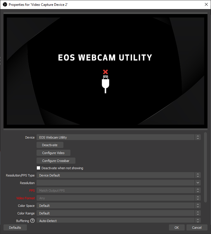 The device shows up in the list. If the preview looks like above, it usually means that the USB cable is not connected, or the camera is switched off.